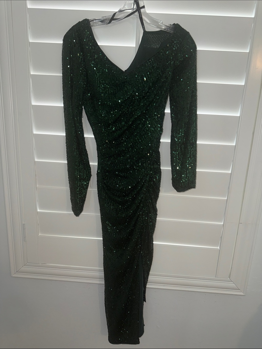 Self-Portrait Emerald Sequin Long Sleeve Ruched Gown